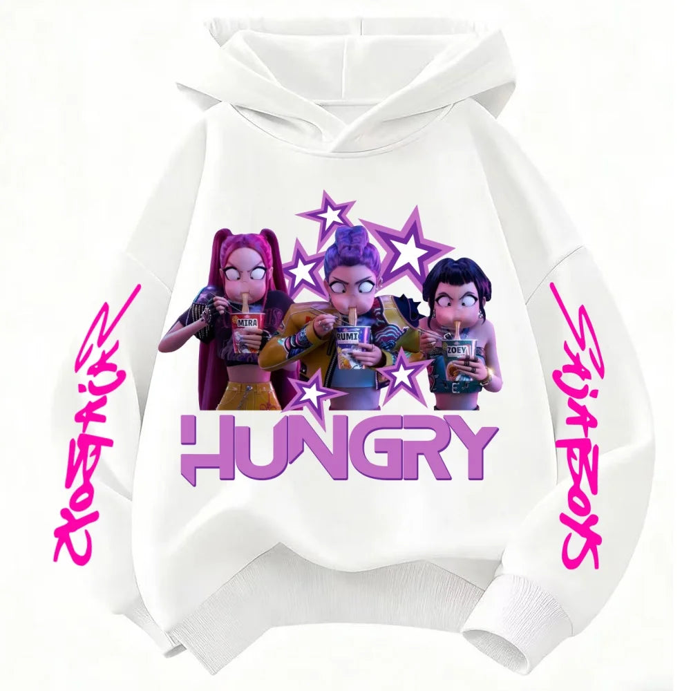 KPop Demon Hunter Cartoon Cute Girls Hooded Sweatshirt Warm Rumi Children's Wave Fashion Casual Tops Casual Black Pink Clothing