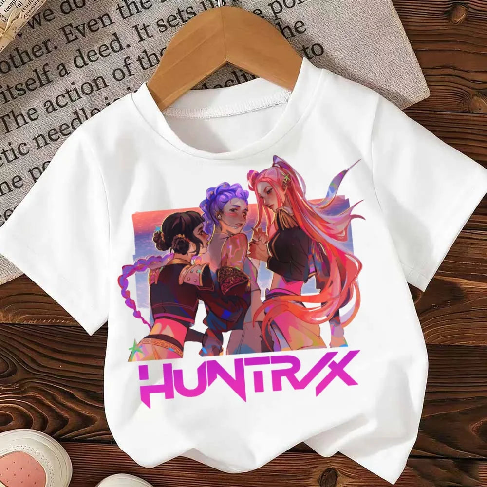 Demon Hunters Kpop T-shirt Girls Boys Short Sleeve Purple Tee Anime Children's Clothing Huntrix Tiger Harajuku Tops Tshirt Gifts