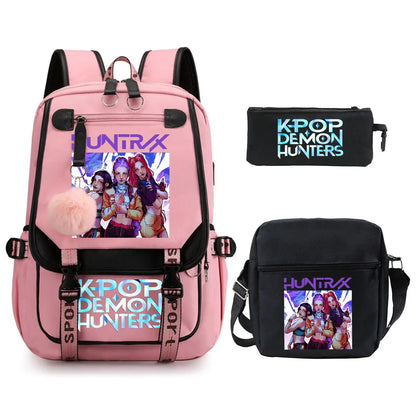 KPop Demon Hunters Backpack Shoulder Bag Pencil Case Three Piece Set Children Fashion Casual SchoolBag Saja Boys Travel Backpack