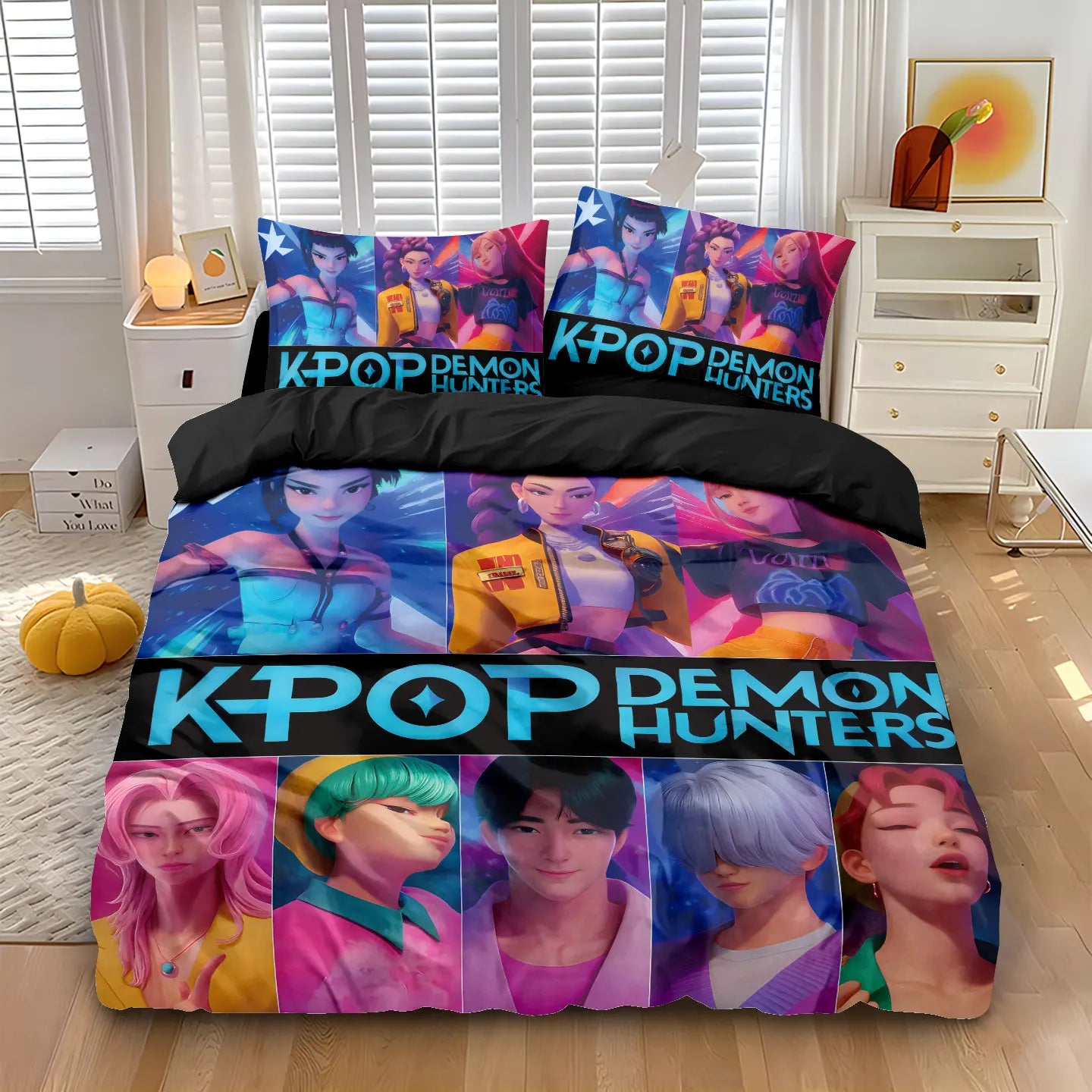 K-Pop Bedding Set Demon Hunters Themed pink or Black other side Print Polyester Student Dormitory  Duvet Cover Boys Girls Gift