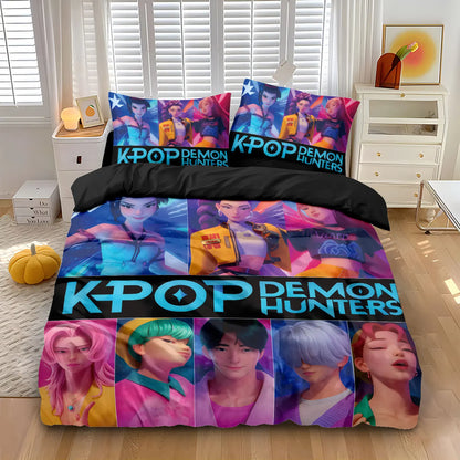 K-Pop Bedding Set Demon Hunters Themed pink or Black other side Print Polyester Student Dormitory  Duvet Cover Boys Girls Gift