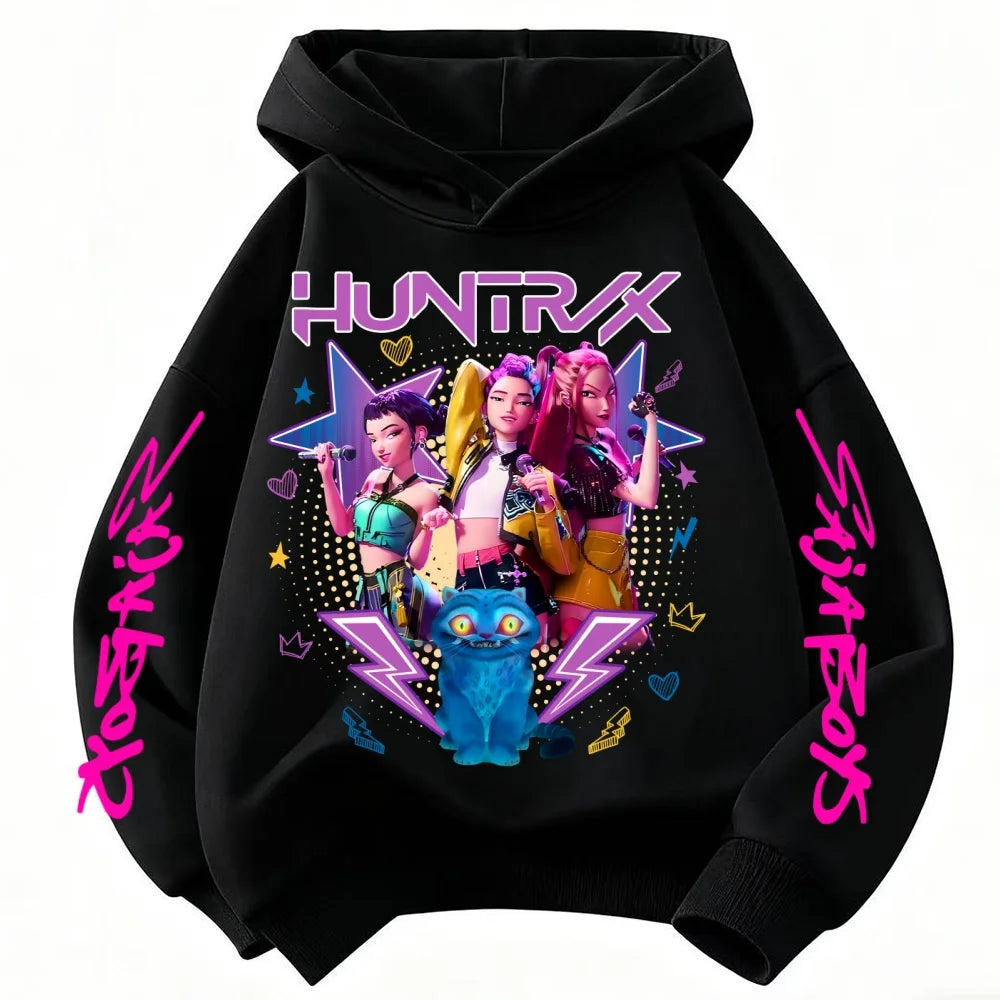 Demone Hunter Girl's Pink Hooded Streetwear Autumn Cute Anime Baby Pullover Kids Y2K Kawaii Long Sleeved T-shirt Casual Clothes