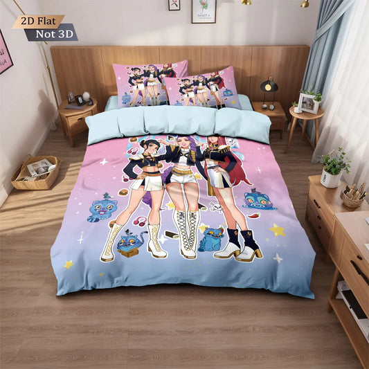 3pcs K-Pop Demon Hunters Print coreless Bedding Set Multi Sized Bedding Dormitory duvet Cover Soft Decoration, Machine Washable