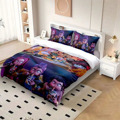 3pcs Cartoon K-Pop Demon Hunters Print Coreless Duvet Cover Set Multi Size Bedroom Dormitory Comfortable, Machine Washable