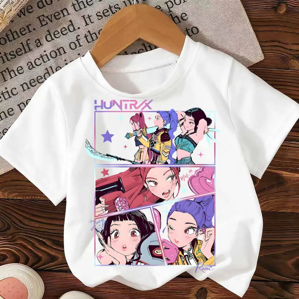 Huntrix Kpop Demon Hunters T-Shirt for Boys Girls Cotton Fans Gift Summer Crew Neck Short Sleeve Tees Fashion Kids T-shirt