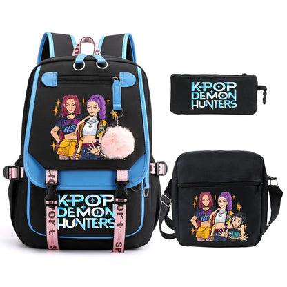 KPop Demon Hunters Backpack Shoulder Bag Pencil Case Three Piece Set Children Fashion Casual SchoolBag Saja Boys Travel Backpack