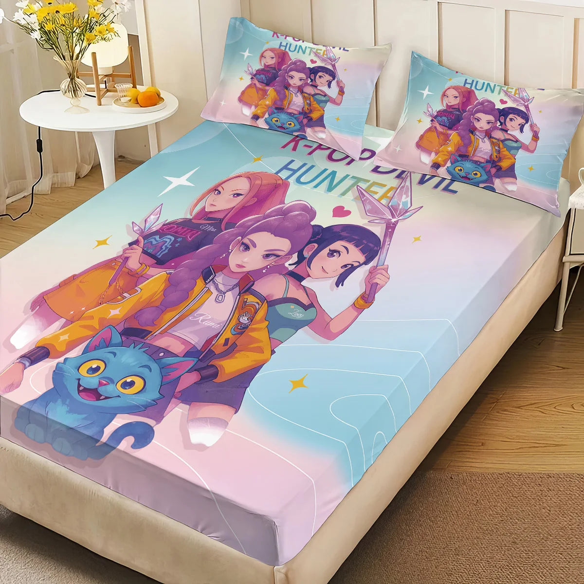 3pcs K-Pop Demon Hunters Printed coreless Bed Sheet Set Multi Size Soft Bed Cover Bedroom Bedding Machine Washable