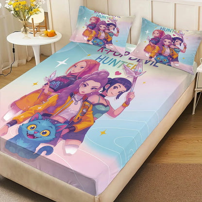 3pcs K-Pop Demon Hunters Printed coreless Bed Sheet Set Multi Size Soft Bed Cover Bedroom Bedding Machine Washable