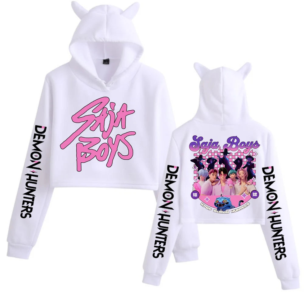 Anime K-Pop Demon Hunters Saja Boys Crop Tops Cat Ears Sweatshirt Long Sleeve Girls Fashion Hoodie