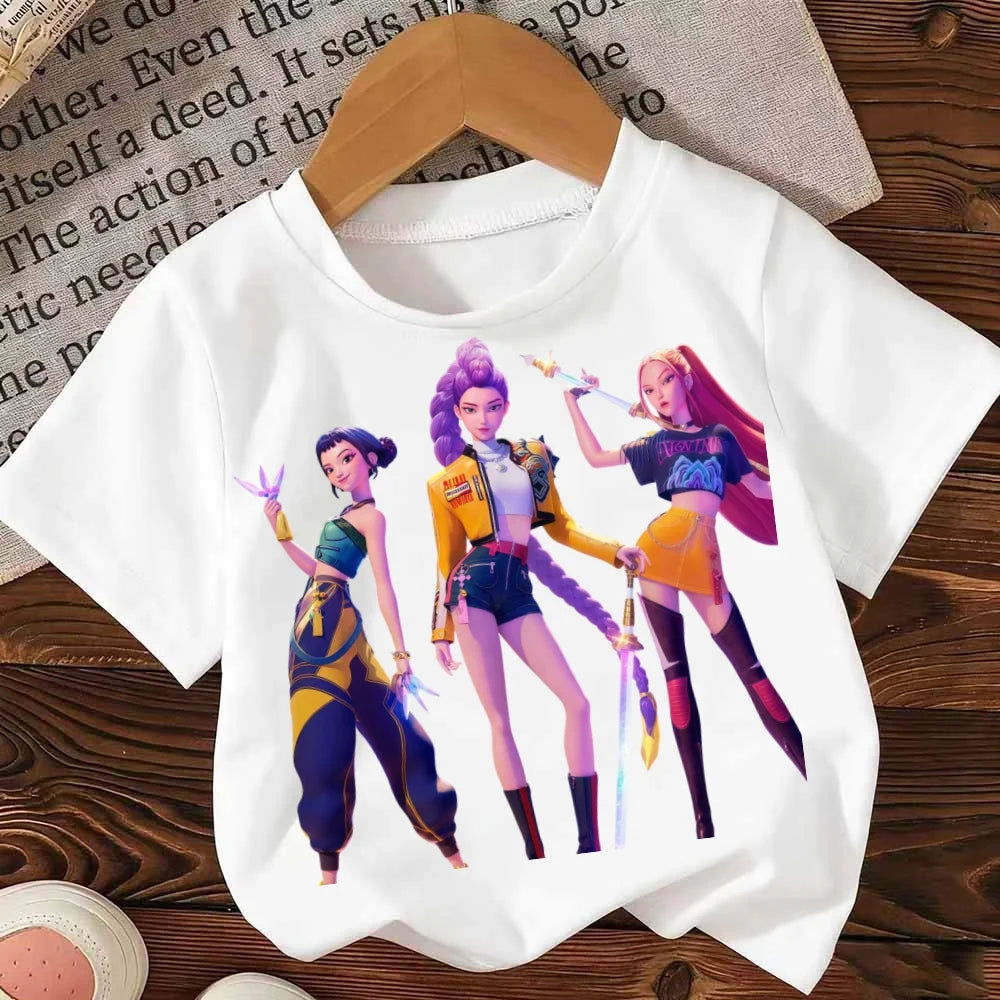 Kpop Demon Hunters T-shirt for Children Letter A-Z Tee Top Cute Cartoon Round Collar Girl Clothes Fashion Kids Clothing Tee Gift