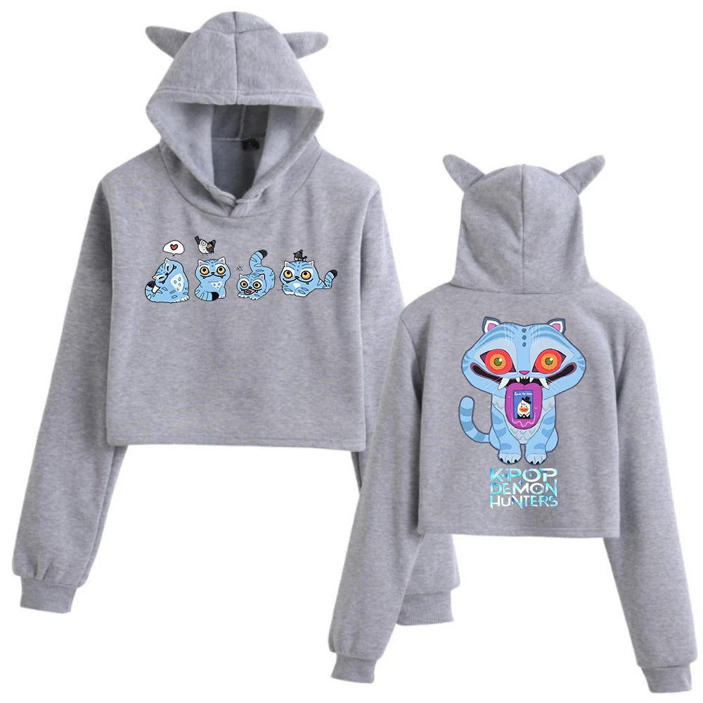 Hot Anime K-Pop Demon Hunters Tiger Crop Tops Cat Ears Sweatshirt Long Sleeve Girls Fashion Hoodie
