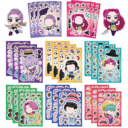 6-16 Sheets Funny Kpop Demon Hunters Make A Face Puzzle Stickers Kid DIY Game Children Education Toy Gift Xmas Newyear Gifts