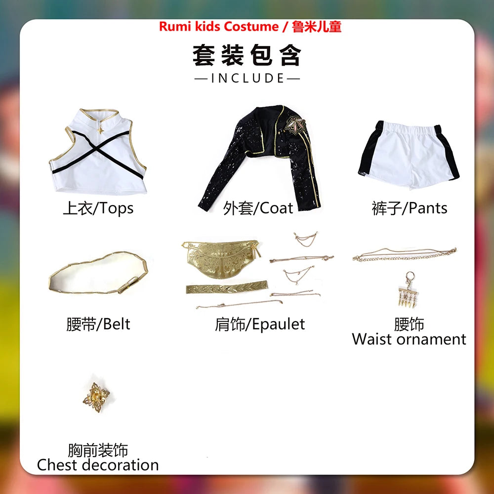 Black Golden Rumi Zoey Mira Cosplay KPop Demon Hunters Cosplay Costume Girls Suit kids Adult Halloween Party Role Playing Outfit