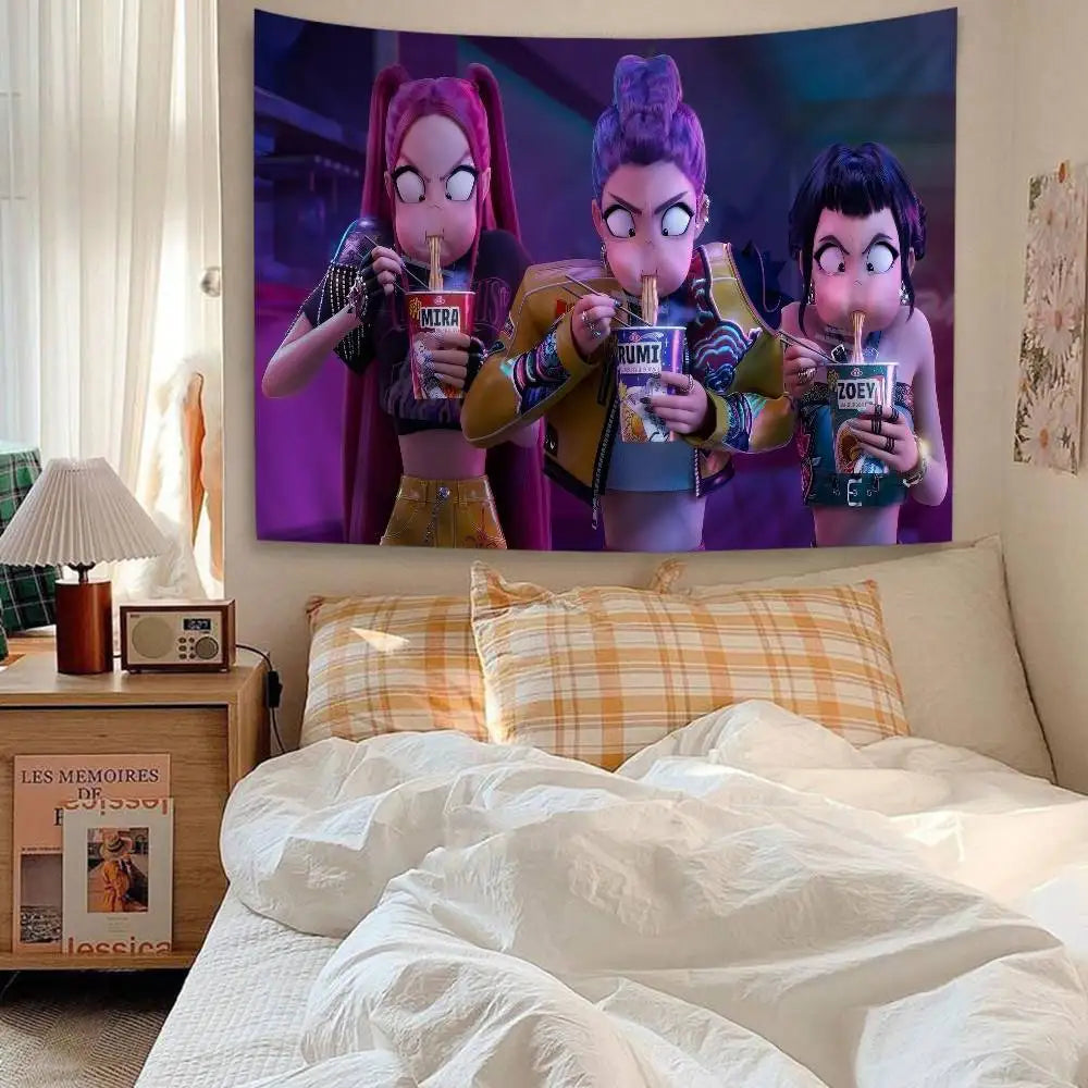 Kpop D-demon Hunters Anime Tapestry Hippie Flower Wall Carpets Dorm Decor Wall Hanging Home Decor