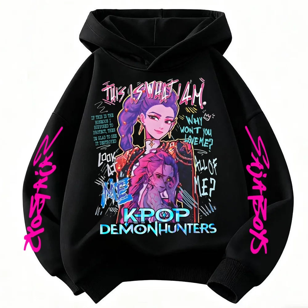 Boys Fashion Casual Tops Casual Black Clothing New Saja Boys Derpy KPop Demon Hunter Cartoon Boy Hooded Sweatshirt Warm Wave