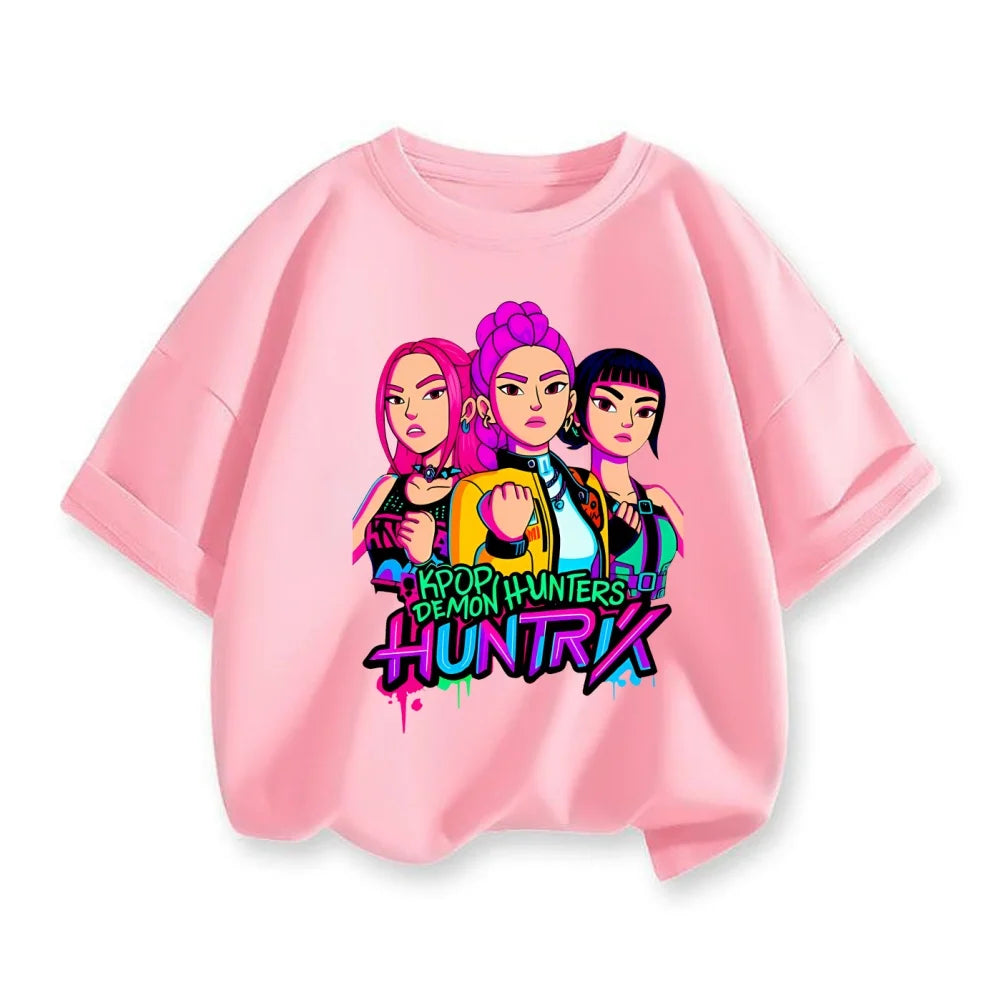 New 2025 Korean Wave Demon Hunter Cotton Printed Fashion Casual Round Neck Cartoon Girl T-shirt