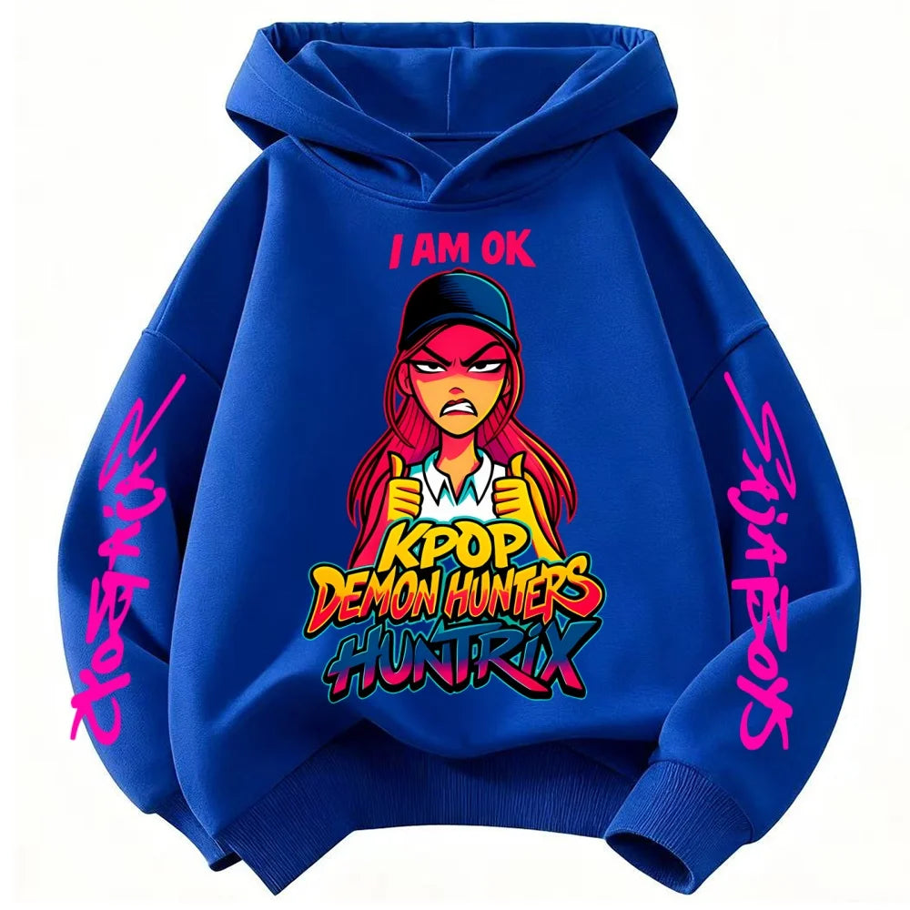 Cute Derpy KPop Demon Hunter Cartoon Girls Hooded Sweatshirt Warm Children's Wave Fashion Casual Tops Casual Black Pink Clothing
