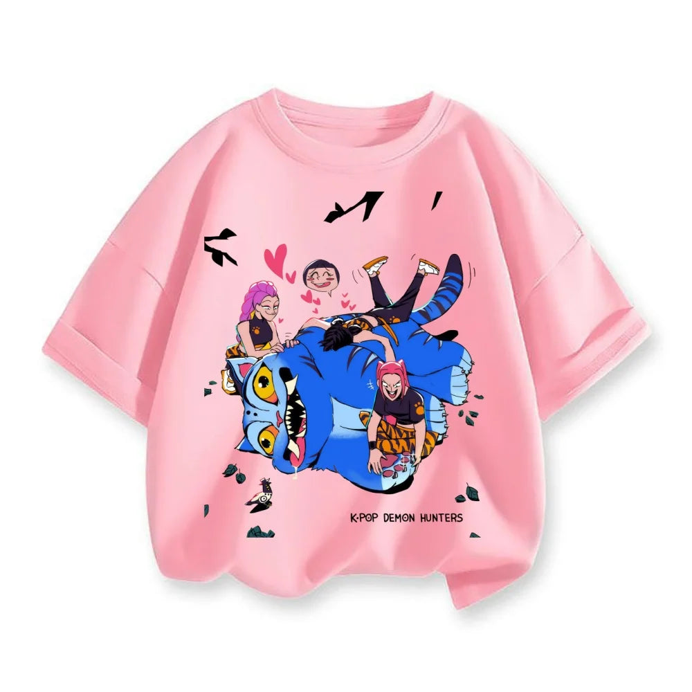 New 2025 Korean Wave Demon Hunter Cotton Printed Fashion Casual Round Neck Cartoon Girl T-shirt