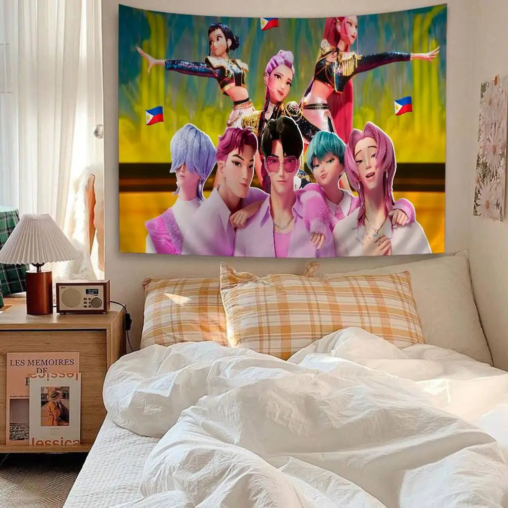 Kpop D-demon Hunters Anime Tapestry Hippie Flower Wall Carpets Dorm Decor Wall Hanging Home Decor