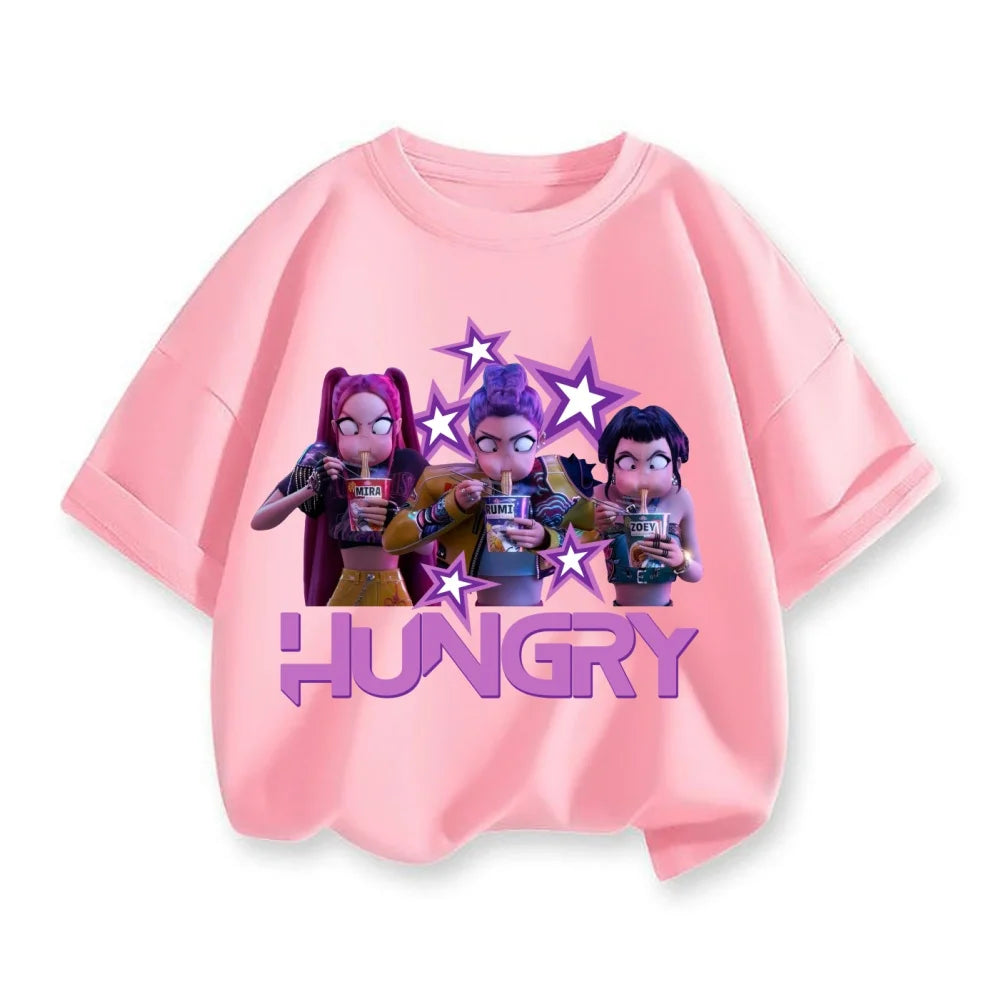 Cute Cartoon Kpop Demon Hunters Huntrix T-shirts Summer Boys Girls Short Sleeve Round Neck Tops Anime Kpop Demon Hunters T Shirt