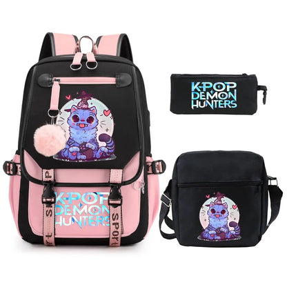 KPop Demon Hunters Backpack Shoulder Bag Pencil Case Three Piece Set Children Fashion Casual SchoolBag Saja Boys Travel Backpack
