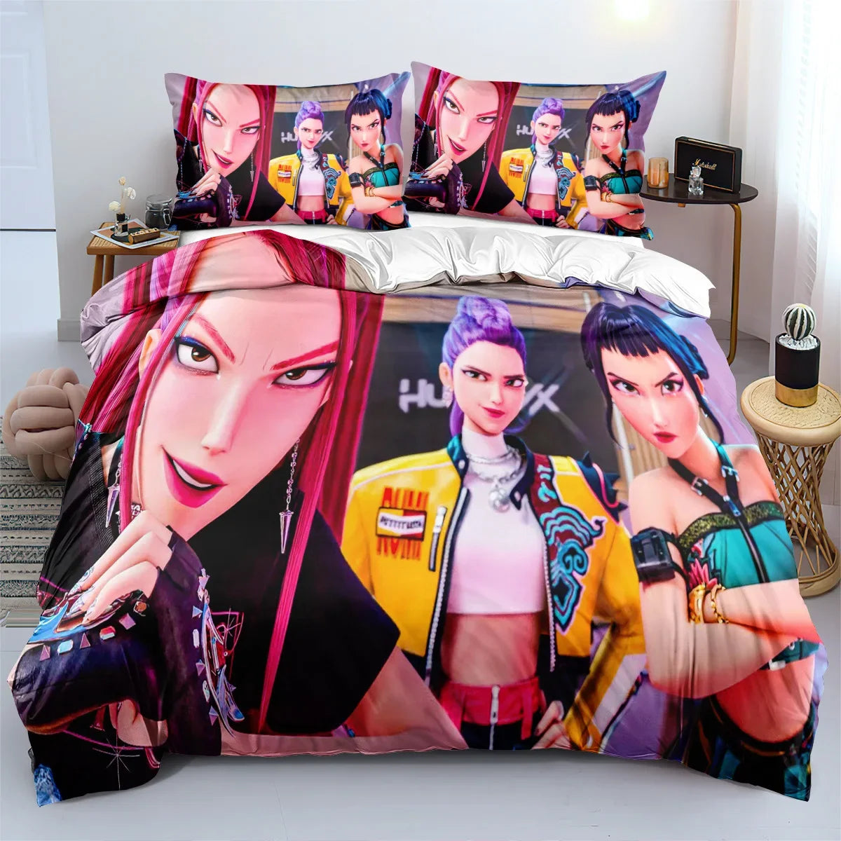 K-Pop Bedding Set Demon Hunters Themed Pink Print Polyester Student Dormitory Bed Sheet Duvet Cover Kid Gift Home Textile