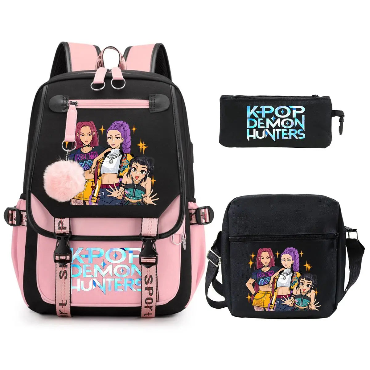 KPop Demon Hunters Backpack Shoulder Bag Pencil Case Three Piece Set Children Fashion Casual SchoolBag Saja Boys Travel Backpack