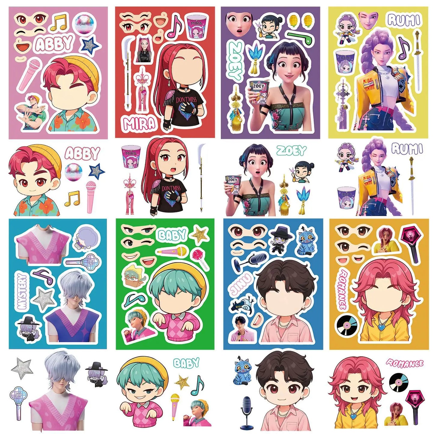 8 Sheets Cute KPop Demon Hunters Stickers Make A Face Puzzle Stickers Make Your Own DIY Game Jigsaw Education Toys