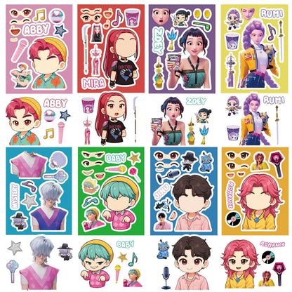 8 Sheets Cute KPop Demon Hunters Stickers Make A Face Puzzle Stickers Make Your Own DIY Game Jigsaw Education Toys