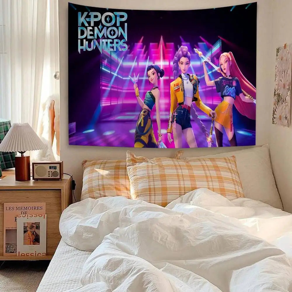 Kpop D-demon Hunters Anime Tapestry Hippie Flower Wall Carpets Dorm Decor Wall Hanging Home Decor