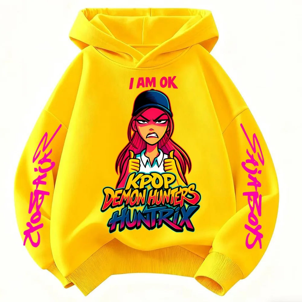 Cute Derpy KPop Demon Hunter Cartoon Girls Hooded Sweatshirt Warm Children's Wave Fashion Casual Tops Casual Black Pink Clothing